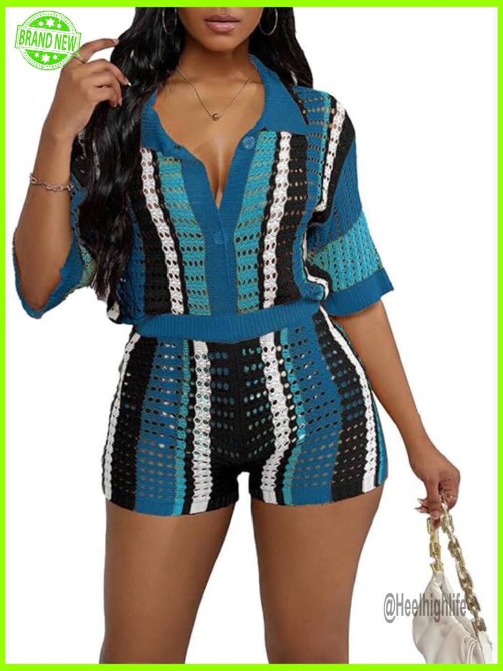 Crochet Two Piece Set Short Sleeve Shirt High Waist Shorts Summer Beachwear